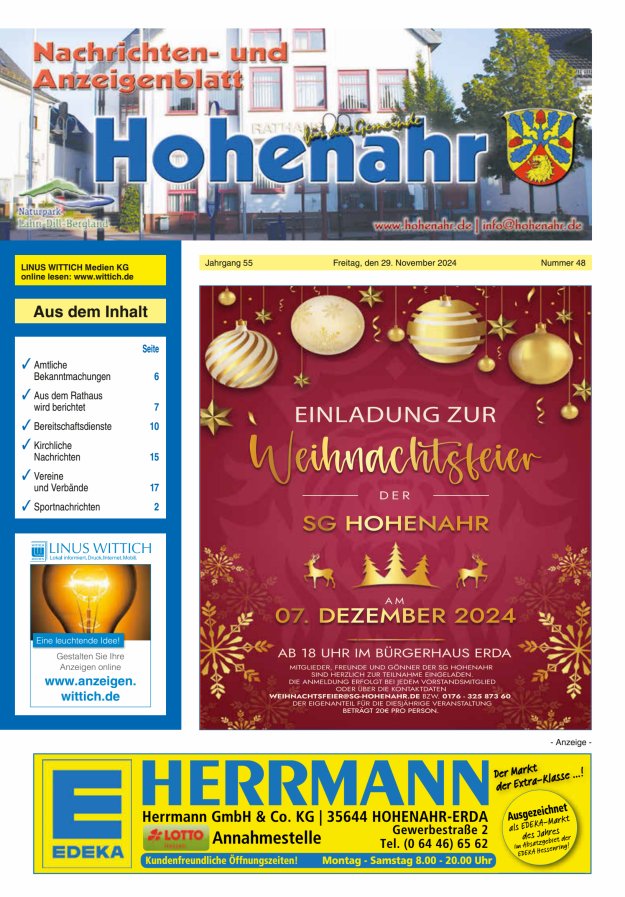 Nachrichten- und Anzeigenblatt für die Gemeinde Hohenahr Titelblatt 48/2024