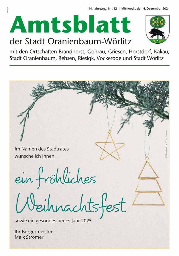 Amtsblatt der Stadt Oranienbaum-Wörlitz mit den Ortschaften Titelblatt 12/2024