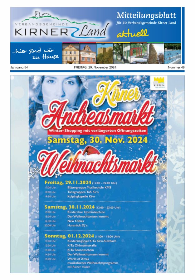 Mitteilungsblatt für den Bereich der Verbandsgemeinde Kirner Land Titelblatt 48/2024