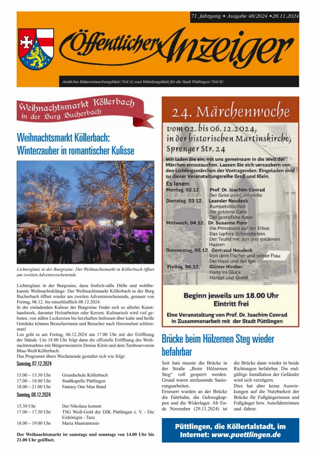 Öffentlicher Anzeiger - Stadt Püttlingen Titelblatt 48/2024