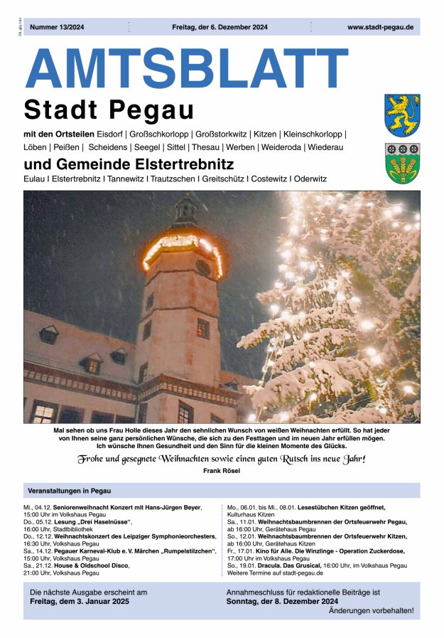 Amtsblatt Stadt Pegau und Gemeinde Elstertrebnitz  Titelblatt 13/2024