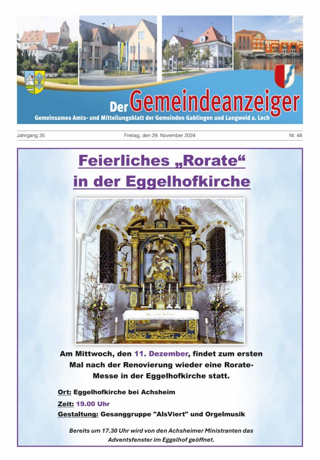 Der Gemeindeanzeiger - Gablingen Langweid Titelblatt 48/2024