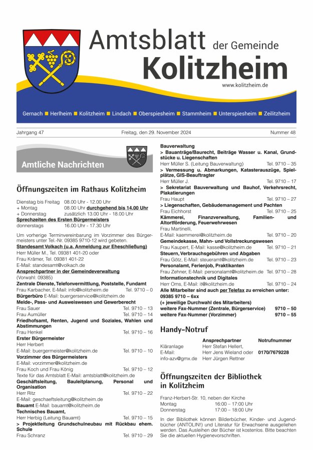 Amtsblatt der Gemeinde Kolitzheim Titelblatt 48/2024