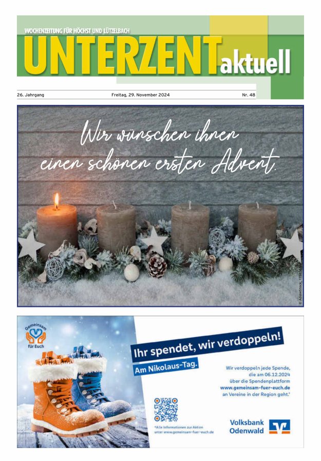 Unterzent aktuell Wochenzeitung für Höchst und Lützelbach Titelblatt 48/2024