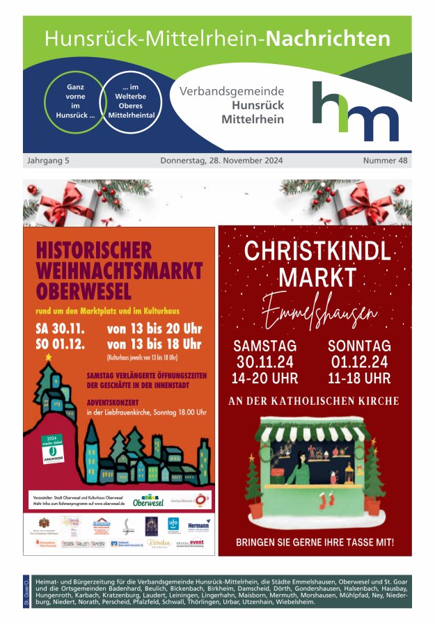 Hunsrück-Mittelrhein Nachrichten Ausgabe St Goar Oberwesel Titelblatt 48/2024