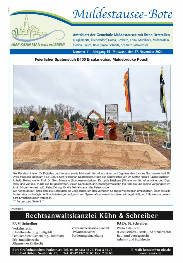 Muldestausee-Bote – Amtsblatt der Gemeinde Muldestausee mit ihren Ortsteilen Titelblatt 11/2024