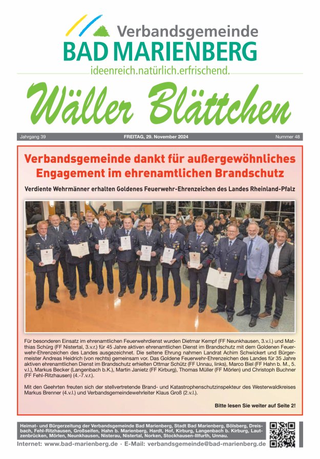Wäller Blättchen - Verbandsgemeinde Bad Marienberg Titelblatt 48/2024