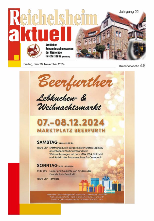 Reichelsheim aktuell - Amtsblatt der Gemeinde Reichelsheim(Odenwald) Titelblatt 48/2024