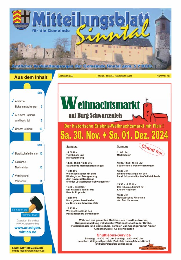 Mitteilungsblatt für die Gemeinde Sinntal Titelblatt 48/2024