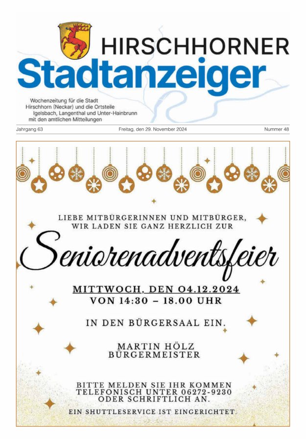 Hirschhorner Stadtanzeiger Titelblatt 48/2024
