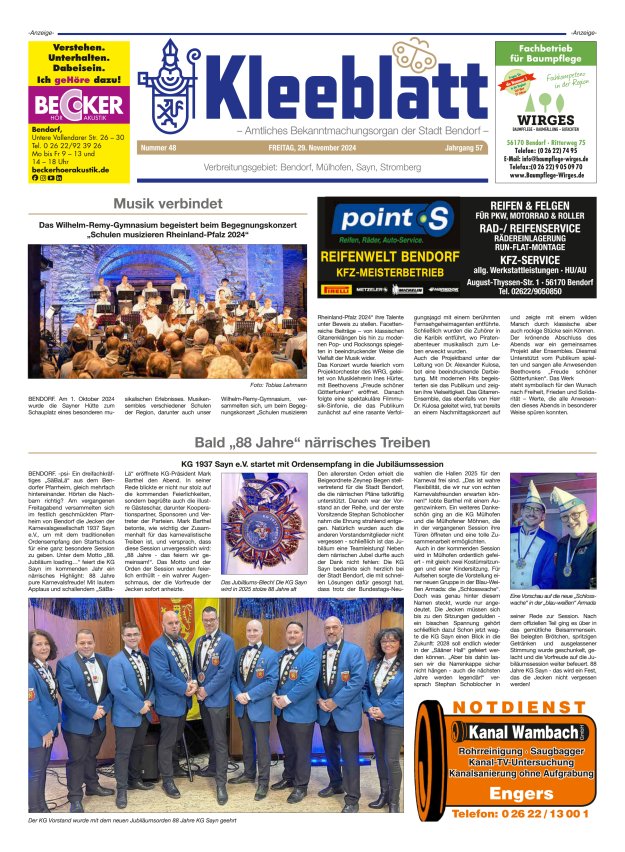 Kleeblatt - Amtliches Bekanntmachungsorgan der Stadt Bendorf Titelblatt 48/2024