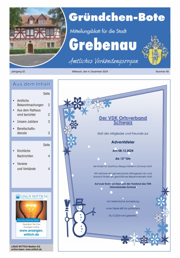 Grebenau - Gründchen Bote - Mitteilungsblatt für die Stadt Grebenau Titelblatt 49/2024