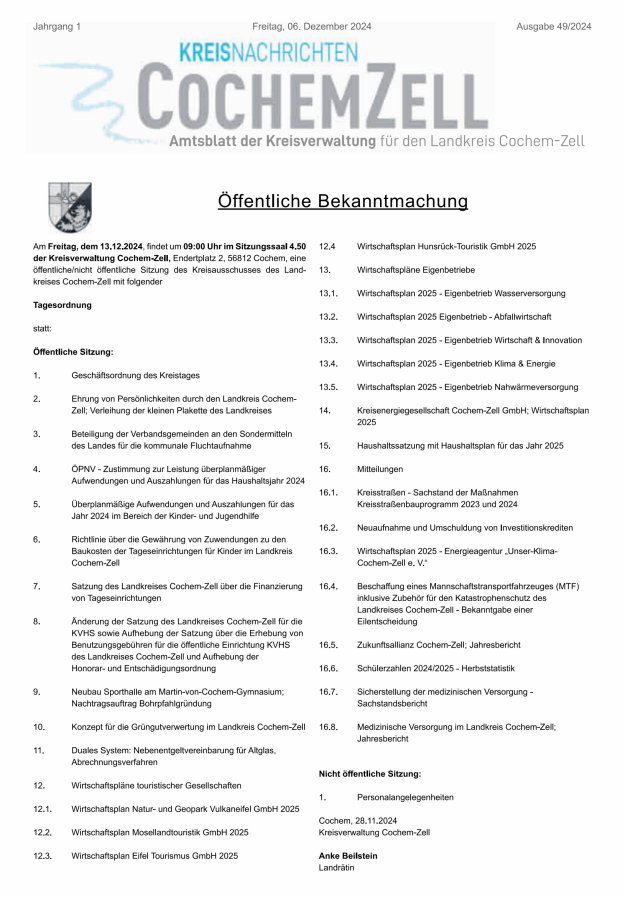 Kreisnachrichten Cochem-Zell Titelblatt 49/2024