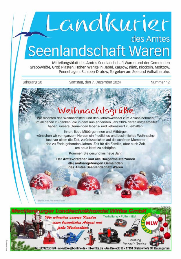 Landkurier des Amtes Seenlandschaft Waren Titelblatt 12/2024