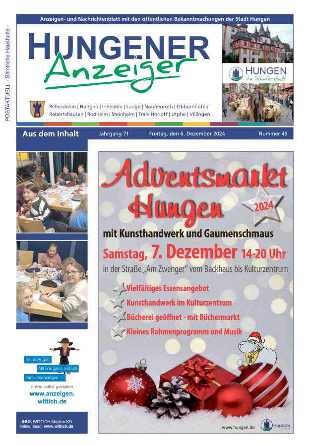 Anzeigen- und Nachrichtenblatt mit den öff  Bekanntmachungen der Stadt Hungen Titelblatt 49/2024