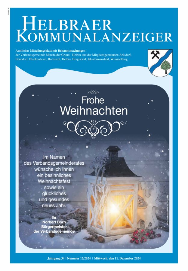 Helbraer Kommunalanzeiger – Amtliches Mitteilungsblatt mit Bekanntmachungen Titelblatt 12/2024
