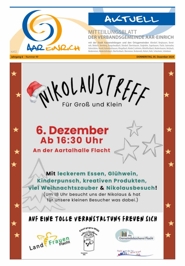 Mitteilungsblatt der Verbandsgemeinde Aar-Einrich Ausgabe Katzenelnbogen Titelblatt 49/2024