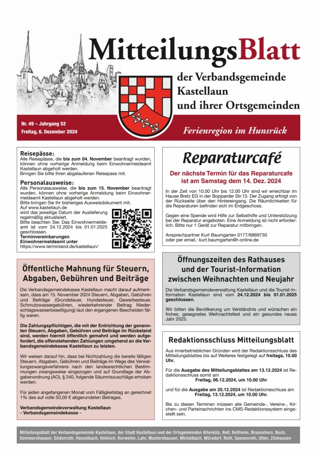 Mitteilungsblatt Kastellaun Titelblatt 49/2024
