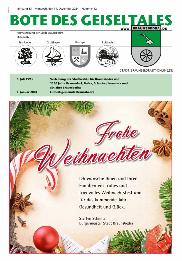 Bote des Geiseltales - Heimatzeitung der Stadt Braunsbedra Titelblatt 12/2024