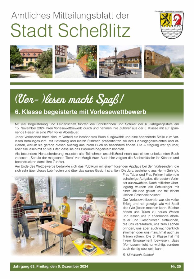 Scheßlitzer Anzeiger - Amtliches Mitteilungsblatt der Stadt Scheßlitz Titelblatt 25/2024