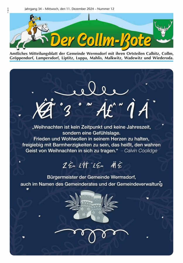 Collm-Bote – Amtliches Mitteilungsblatt der Gemeinde Wermsdorf mit ihren Ortsteilen Titelblatt 12/2024