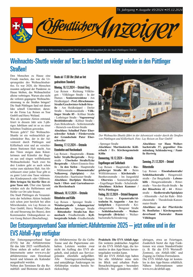 Öffentlicher Anzeiger - Stadt Püttlingen Titelblatt 49/2024
