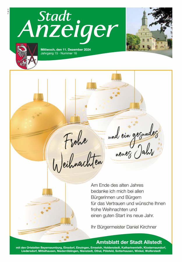 Stadtanzeiger Amtsblatt der Stadt Allstedt mit den Ortsteilen Titelblatt 16/2024