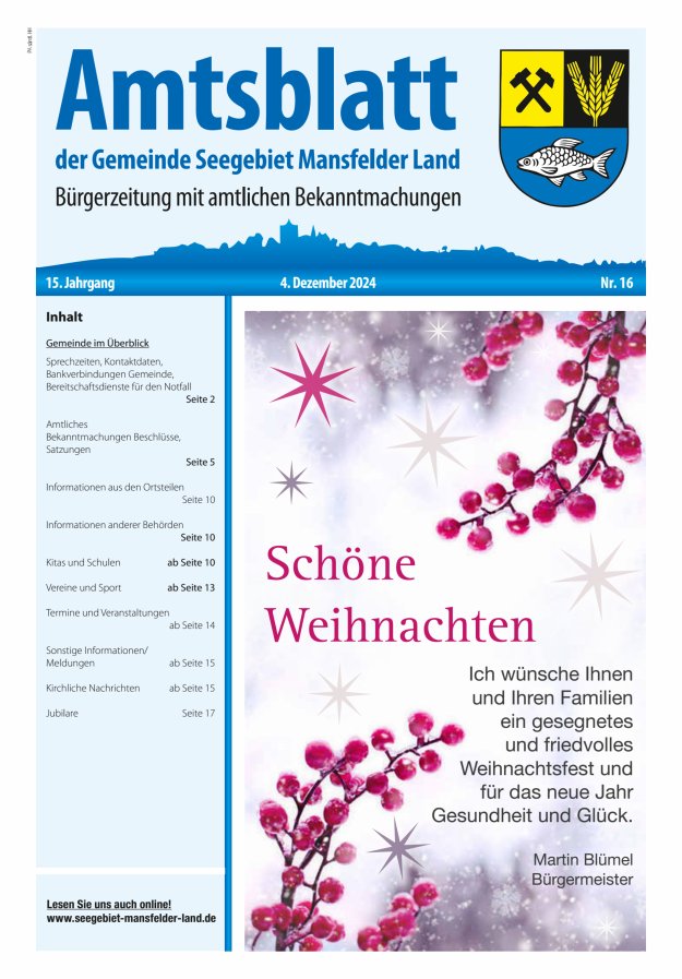 Amtsblatt der Gemeinde Seegebiet Mansfelder Land Titelblatt 16/2024