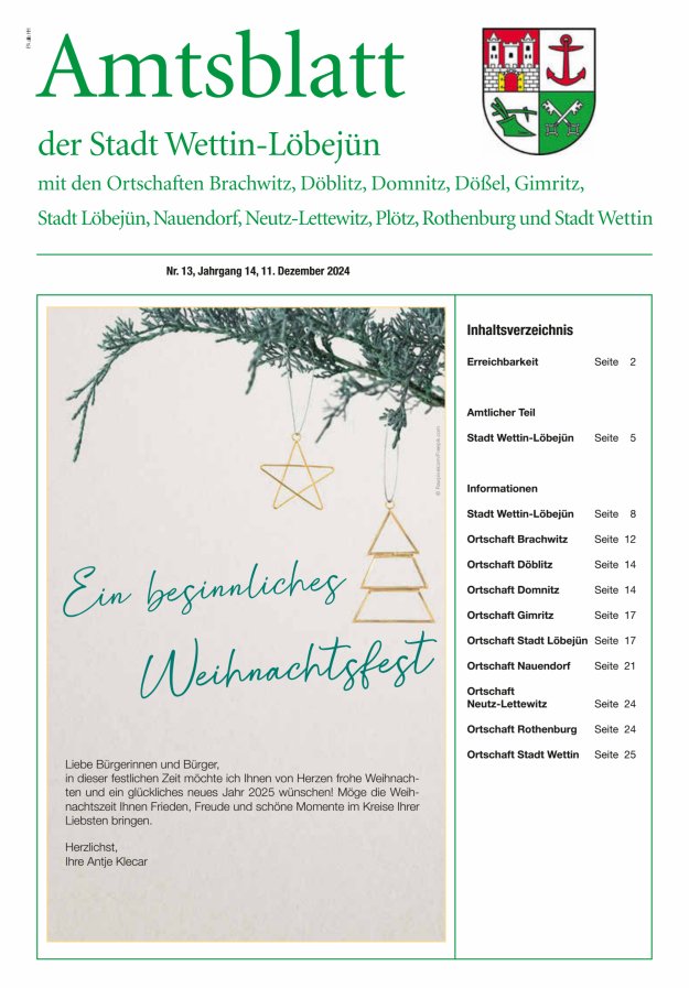 Amtsblatt der Stadt Wettin-Löbejün mit den Ortsteilen Titelblatt 13/2024