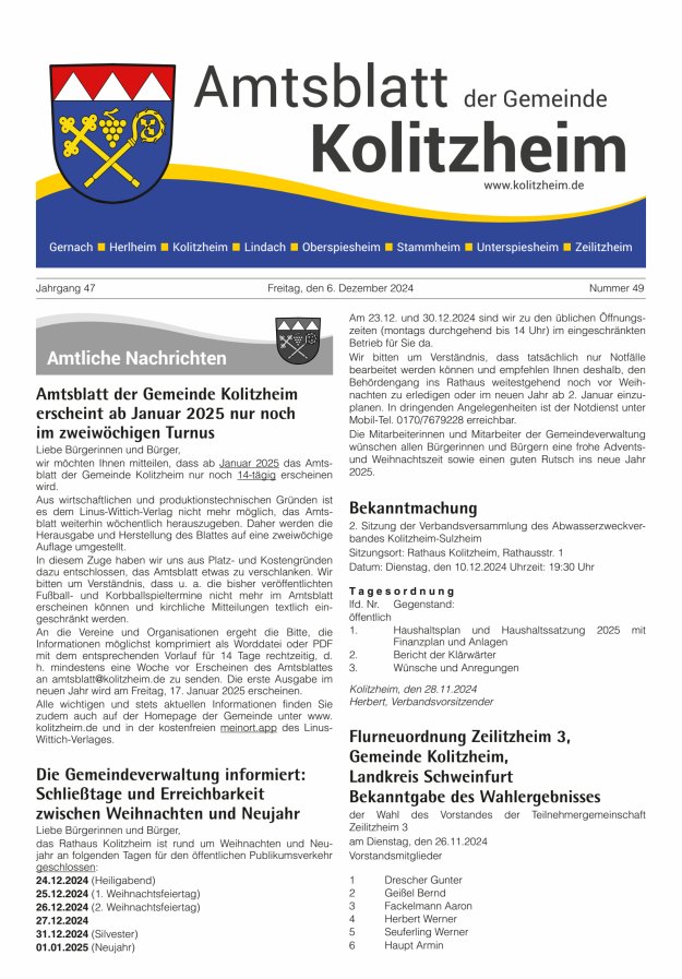 Amtsblatt der Gemeinde Kolitzheim Titelblatt 49/2024