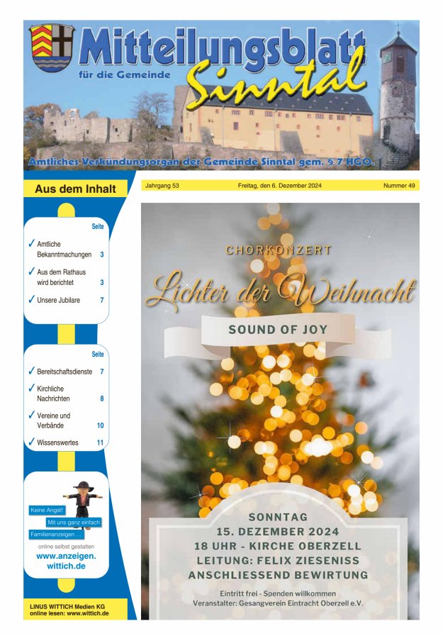 Mitteilungsblatt für die Gemeinde Sinntal Titelblatt 49/2024