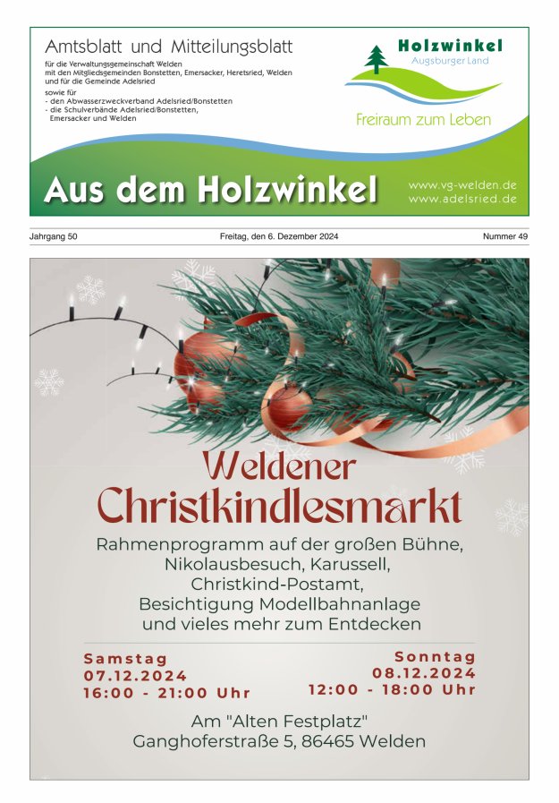 Aus dem Holzwinkel Amtsblatt u Mitteilungsblatt f VG Welden u GemAdelsried Titelblatt 49/2024