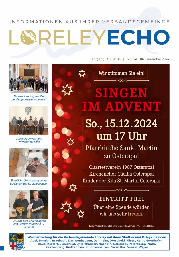 Loreley-Echo - Mitteilungsblatt der Verbandsgemeinde Loreley (Braubach) Titelblatt 49/2024
