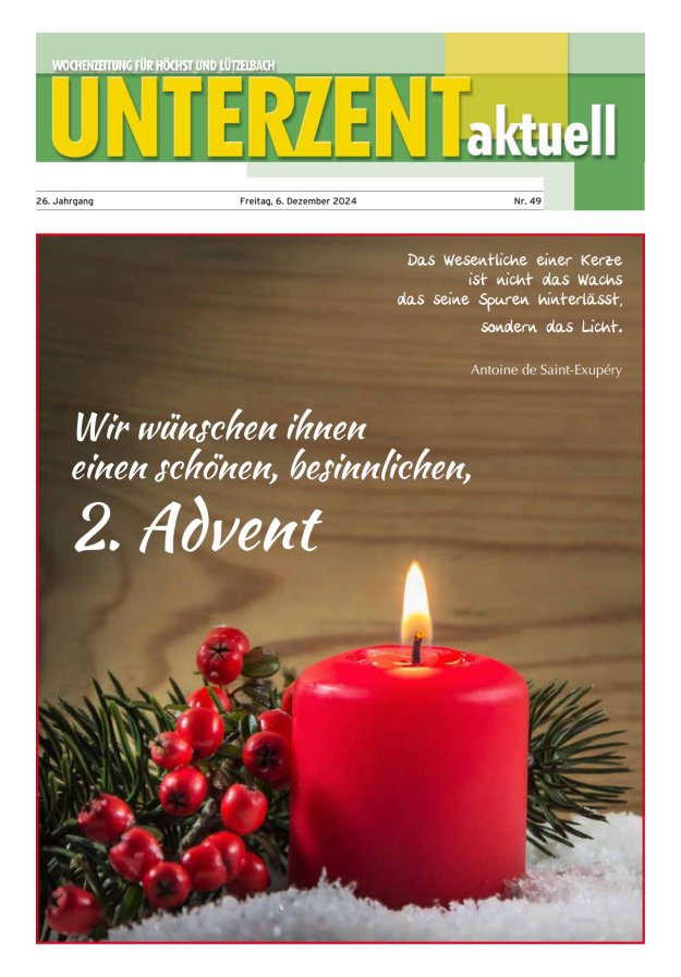 Unterzent aktuell Wochenzeitung für Höchst und Lützelbach Titelblatt 49/2024