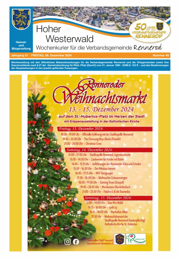 Hoher Westerwald - Wochenkurier für die Verbandsgemeinde Rennerod Titelblatt 49/2024