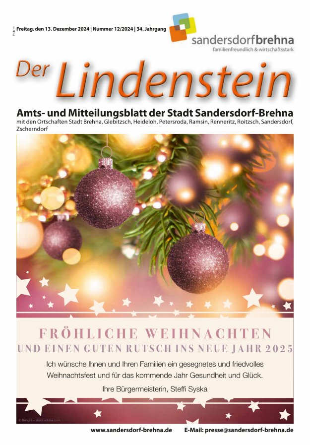 Der Lindenstein Amts- und Mitteilungsblatt der Stadt Sandersdorf-Brehna Titelblatt 12/2024