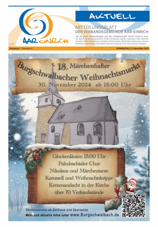 Mitteilungsblatt der Verbandsgemeinde Aar-Einrich Ausgabe Katzenelnbogen Titelblatt 47/2024