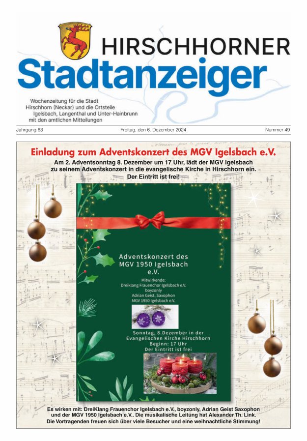 Hirschhorner Stadtanzeiger Titelblatt 49/2024