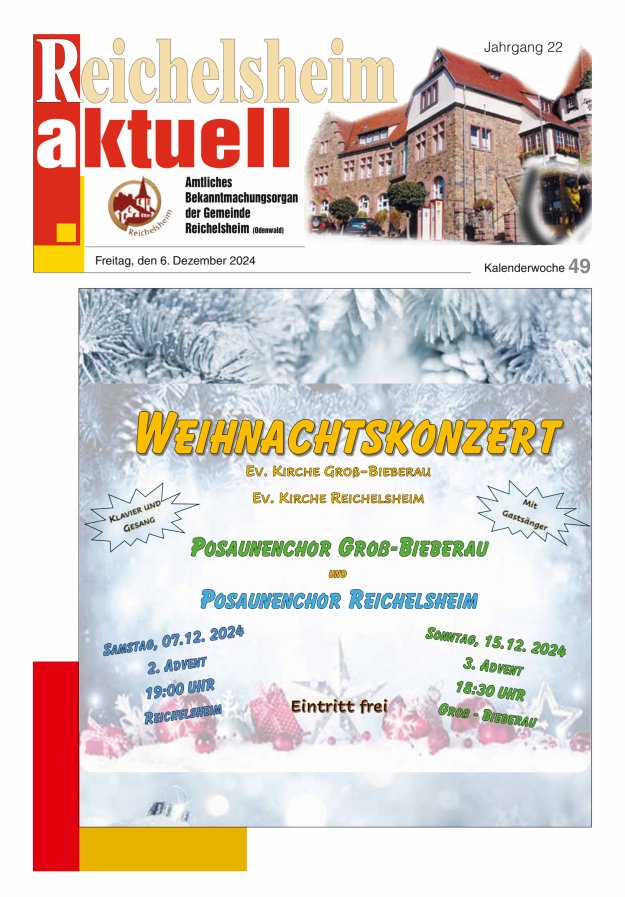 Reichelsheim aktuell - Amtsblatt der Gemeinde Reichelsheim(Odenwald) Titelblatt 49/2024