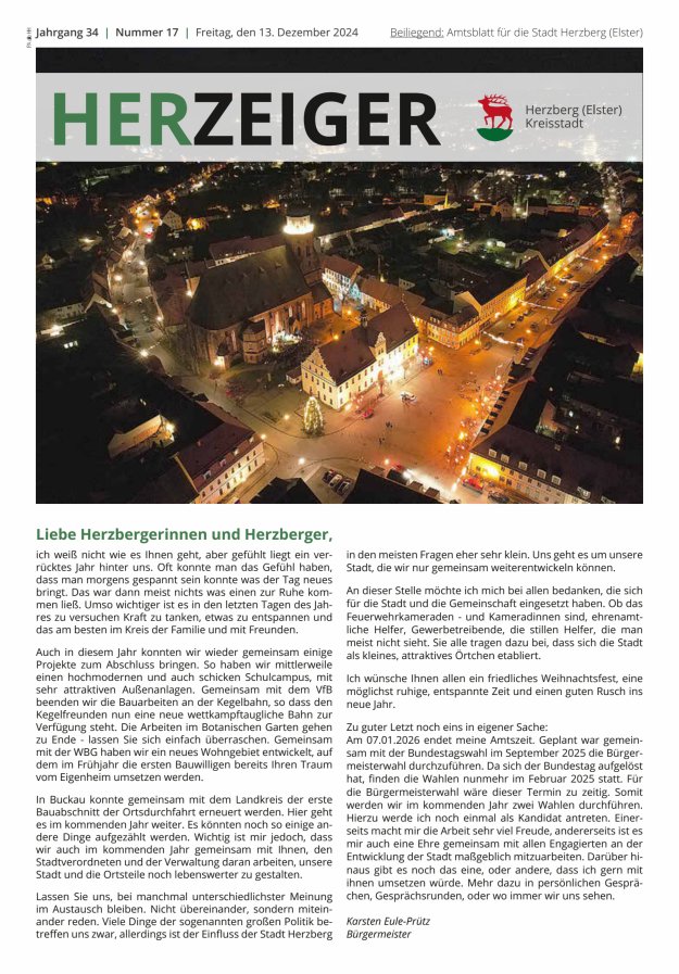 Amtsblatt für die Stadt Herzberg (Elster) mit Bekanntmachungen der Stadt  Titelblatt 17/2024