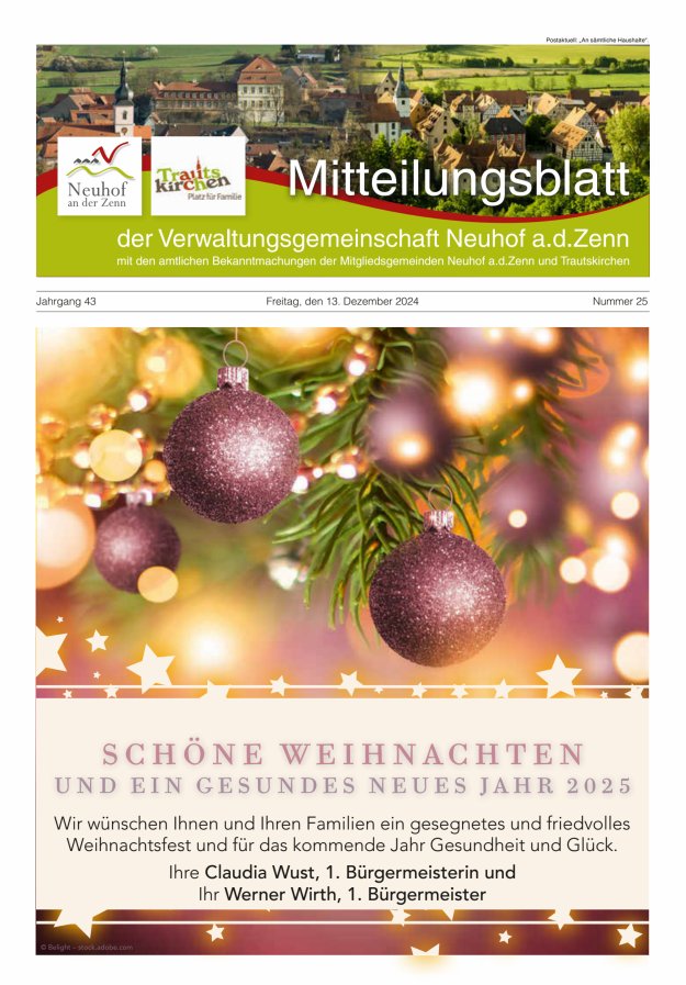 Mitteilungsblatt der Verwaltungsgemeinschaft Neuhof an der Zenn mit den amtlichen Bekanntmachungen der Mitgliedsgemeinden Neuhof an der Zenn und Trautskirchen Titelblatt 25/2024