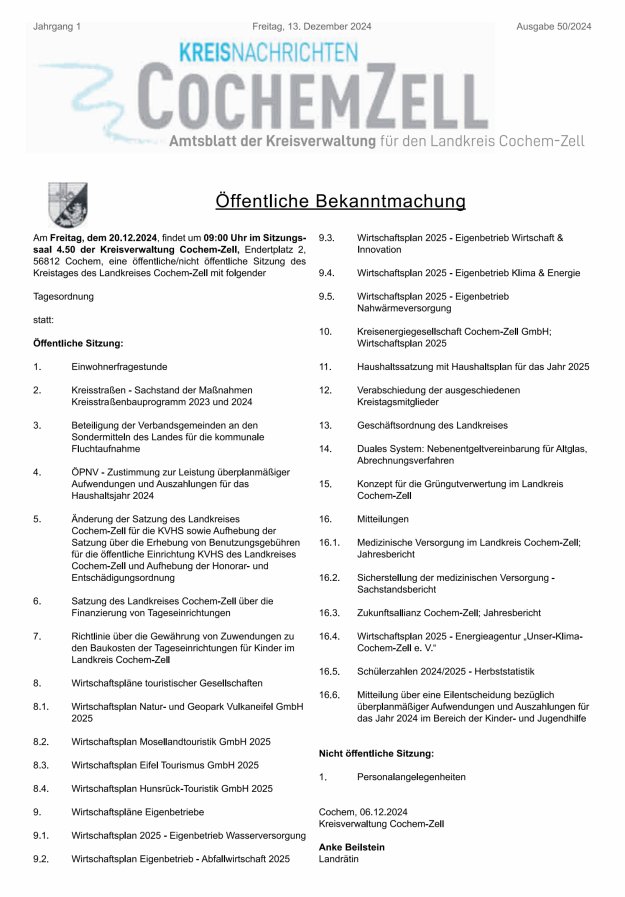 Kreisnachrichten Cochem-Zell Titelblatt 50/2024