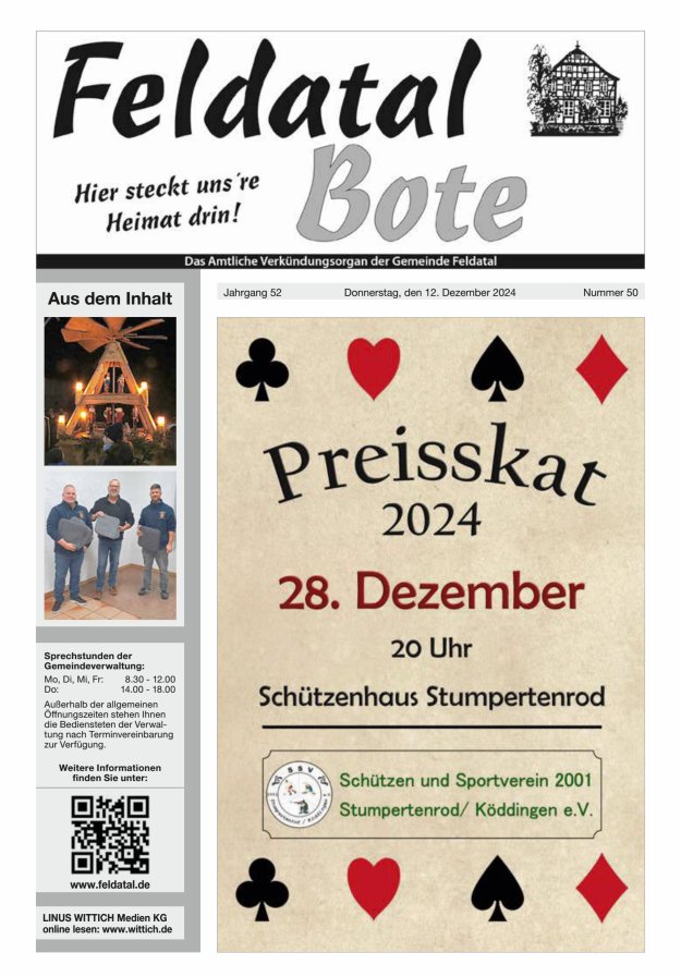 Das Amtliche Verkündungsorgan der Gemeinde Feldatal Titelblatt 50/2024