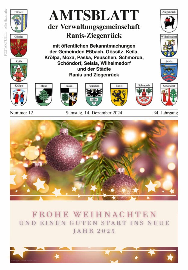Amtsblatt der Verwaltungsgemeinschaft Ranis-Ziegenrück Titelblatt 12/2024