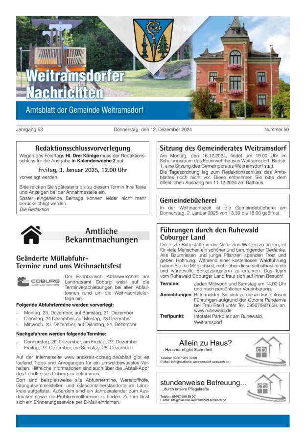 Weitramsdorfer Nachrichten Titelblatt 50/2024