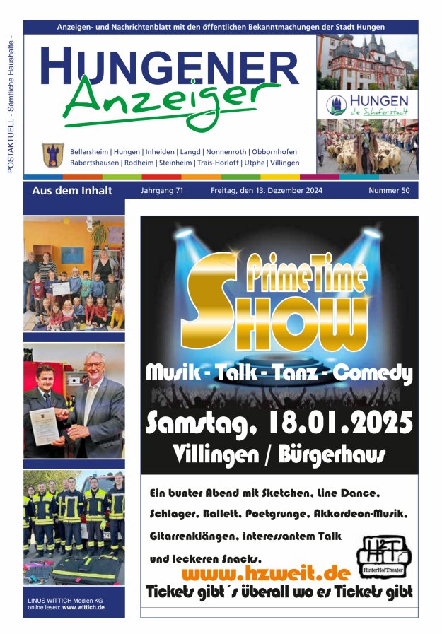 Anzeigen- und Nachrichtenblatt mit den öff  Bekanntmachungen der Stadt Hungen Titelblatt 50/2024
