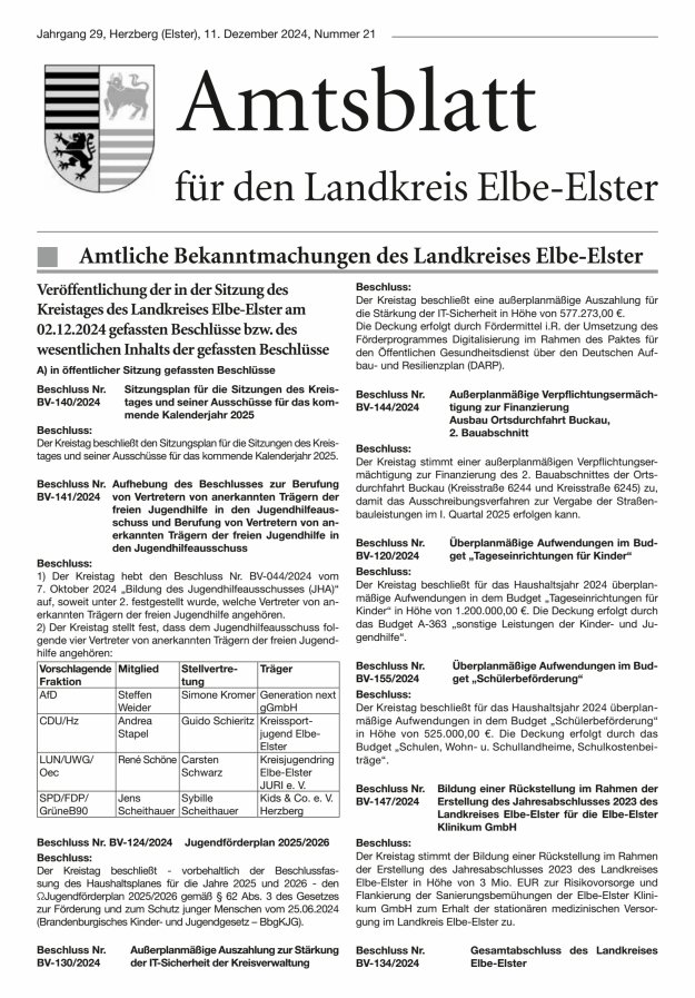 Amtsblatt für den Landkreis Elbe-Elster Titelblatt 21/2024