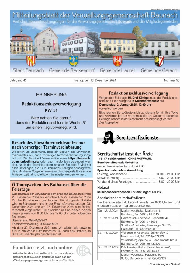 Mitteilungsblatt Verwaltungsgemeinschaft Baunach Titelblatt 50/2024