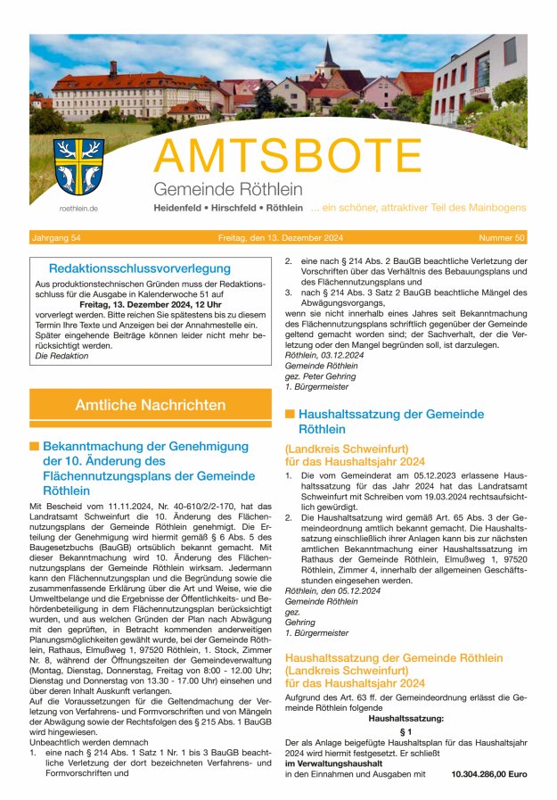Amtsbote der Großgemeinde Röthlein Titelblatt 50/2024