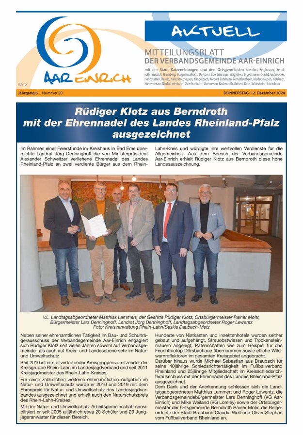 Mitteilungsblatt der Verbandsgemeinde Aar-Einrich Ausgabe Katzenelnbogen Titelblatt 50/2024
